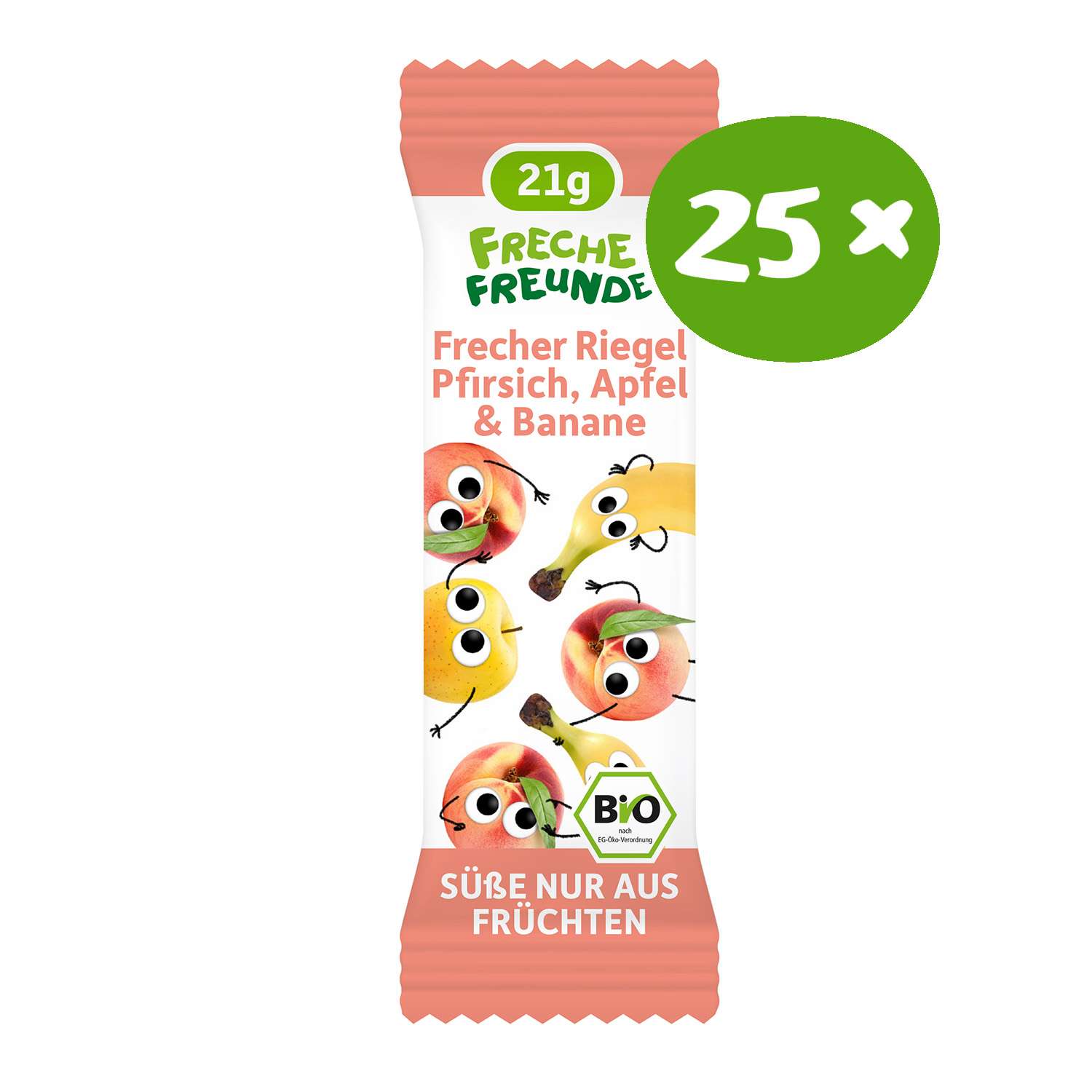 Verpackung des Freche Freunde Bio-Riegels Pfirsich, Apfel & Banane mit 21 g, vorne sind die frechen Frucht-Charaktere Peggy Pfirsich, Alfred Apfel und Bob Banane zu sehen. In der Ecke steht „25ד für die Vorratspackung.