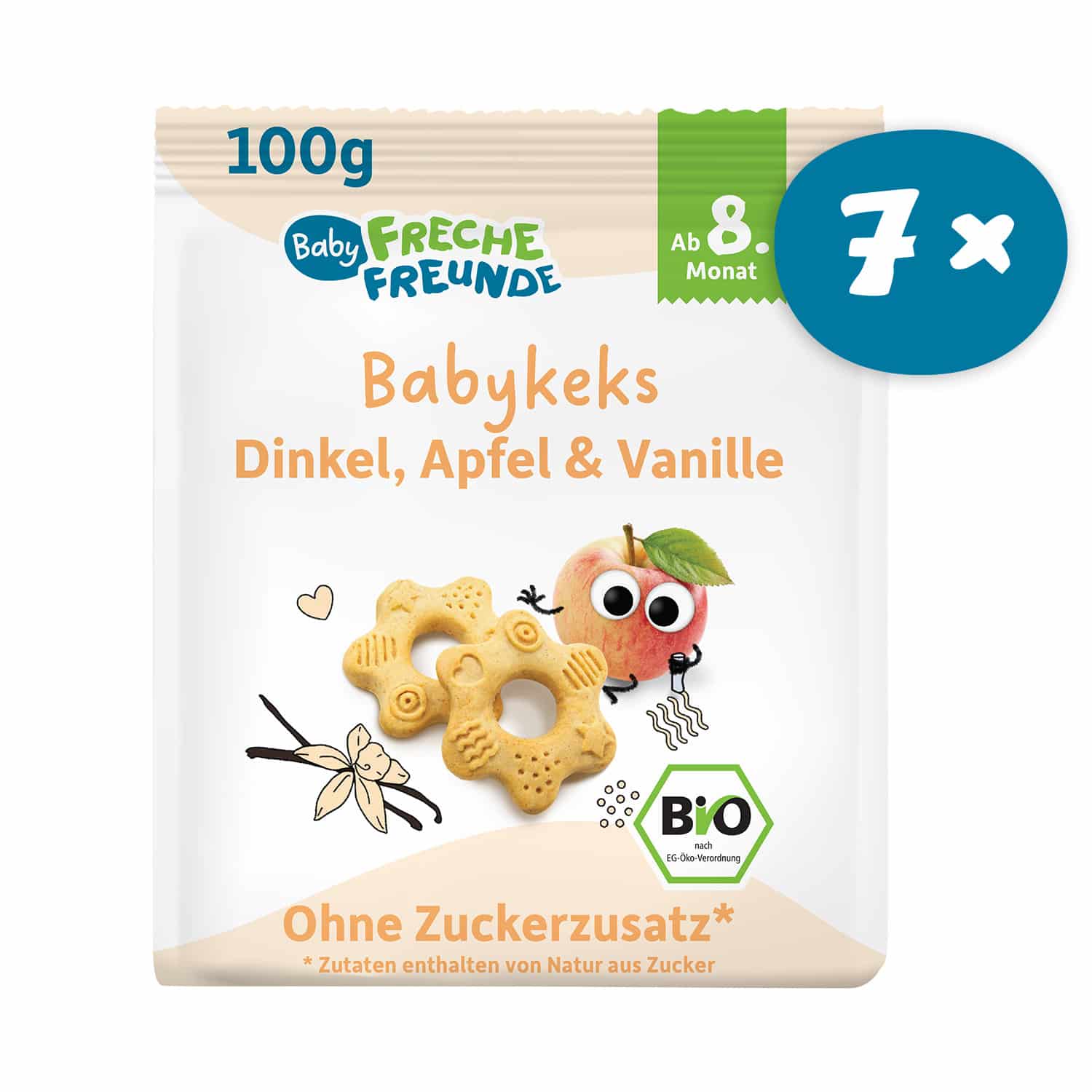 Baby Freche Freunde Babykeks Dinkel, Apfel, Vanille, Frontabbildung mit 7 Packungen