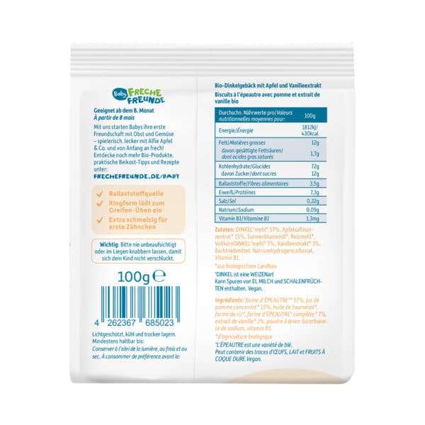 Baby Freche Freunde Babykeks Dinkel, Apfel, Vanille Rückseite mit Produktinfos
