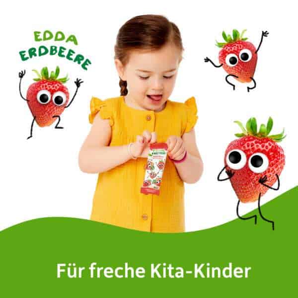 Freche Freunde Bio Frecher Riegel Apfel & Erdbeere trifft auf ein freches Kita-Kind! Ein Mädchen in gelbem Kleid öffnet neugierig den Riegel, während rundherum Edda Erdbeere und ihre witzigen Kumpels tanzen. Der perfekte Snack für Kita-Kinder mit Geschmack.