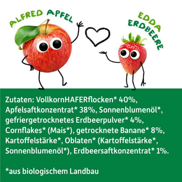 Zutatenliste von Freche Freunde Bio Frecher Riegel Apfel & Erdbeere mit Alfred Apfel & Edda Erdbeere, die Händchen halten