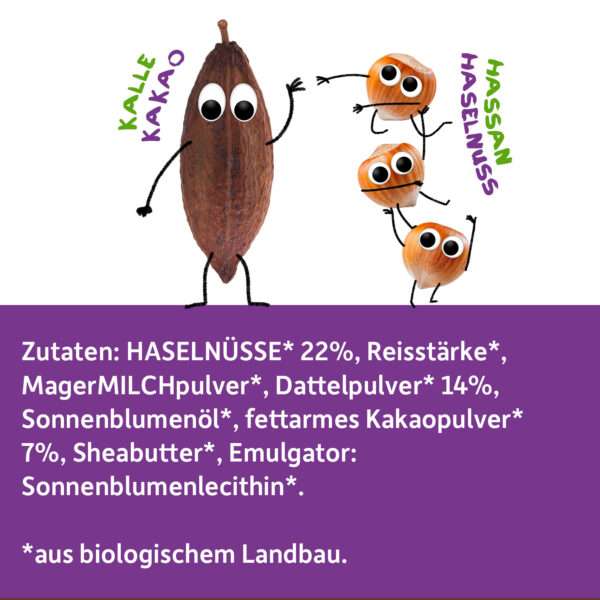 Zutatenliste von Freche Freunde Kids Bio Haselnussmus mit den frechen Charakteren Kalle Kakao und Hassan Haselnuss.