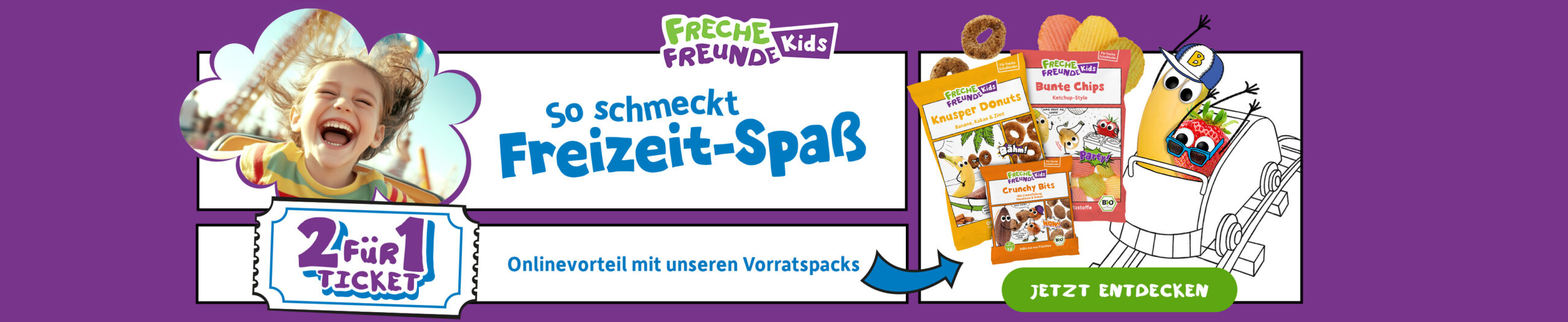 Kind lacht in Achterbahn, daneben bewirbt Freche Freunde Kids ein „2 für 1 Ticket“ mit Snackpaketen zum Onlinevorteil.