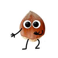 Eine Haselnuss mit Augen, Armen und Beinen.