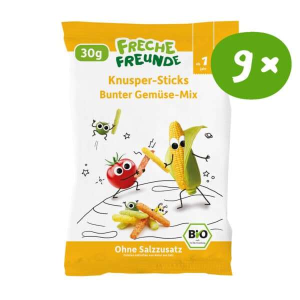 Frontansicht der Freche Freunde Knusper-Sticks Bunter Gemüse-Mix Vorratspackung mit 9 Einzelpackungen