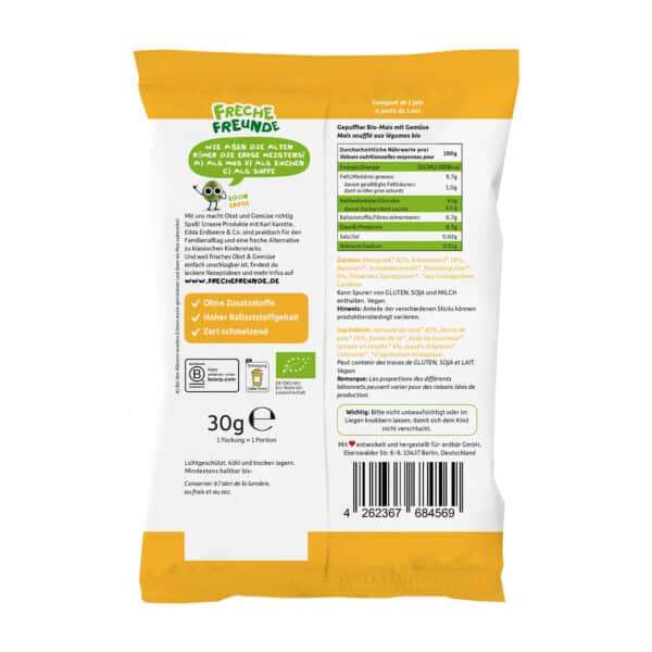 Rückseite der Freche Freunde Knusper-Sticks Bunter Gemüse-Mix Verpackung mit Produktinformationen