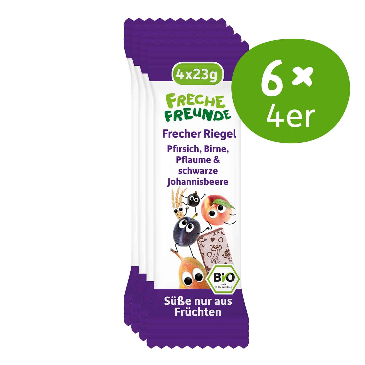 Freche Freunde Riegel Pfirsich, Birne Pflaume, Johannisbeere. Vorratspackung mit 6x4er Pack. Frontansicht