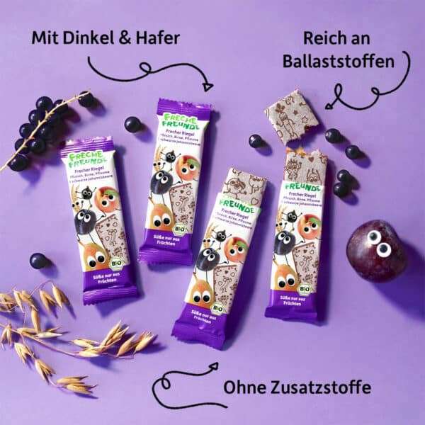 Freche Freunde Riegel Pfirsich, Birne Pflaume, Johannisbeere. Moodbild mit Produktvorteilen