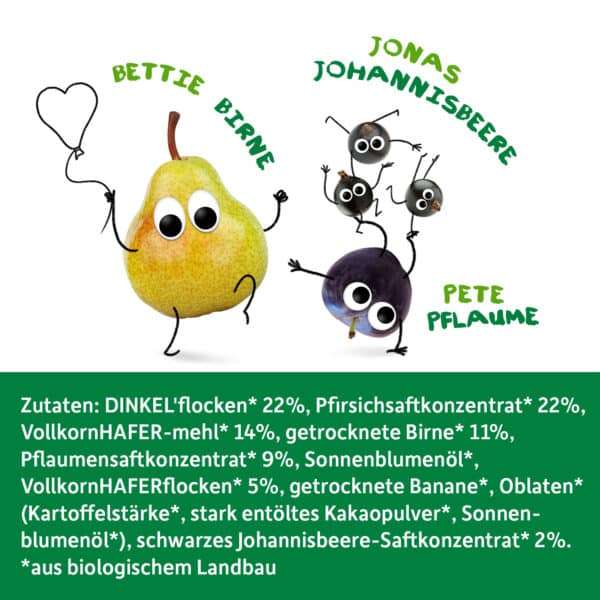 Freche Freunde Riegel Pfirsich, Birne Pflaume, Johannisbeere. Zutatenliste
