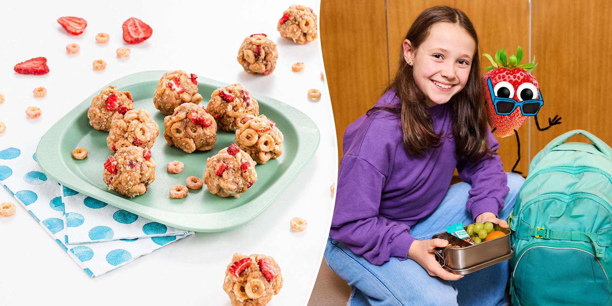 Links sind Energy Balls auf einem Teller serviert. Rechts ein Mädchen das ihre Brotdose aus ihrem Schulranzen holt.