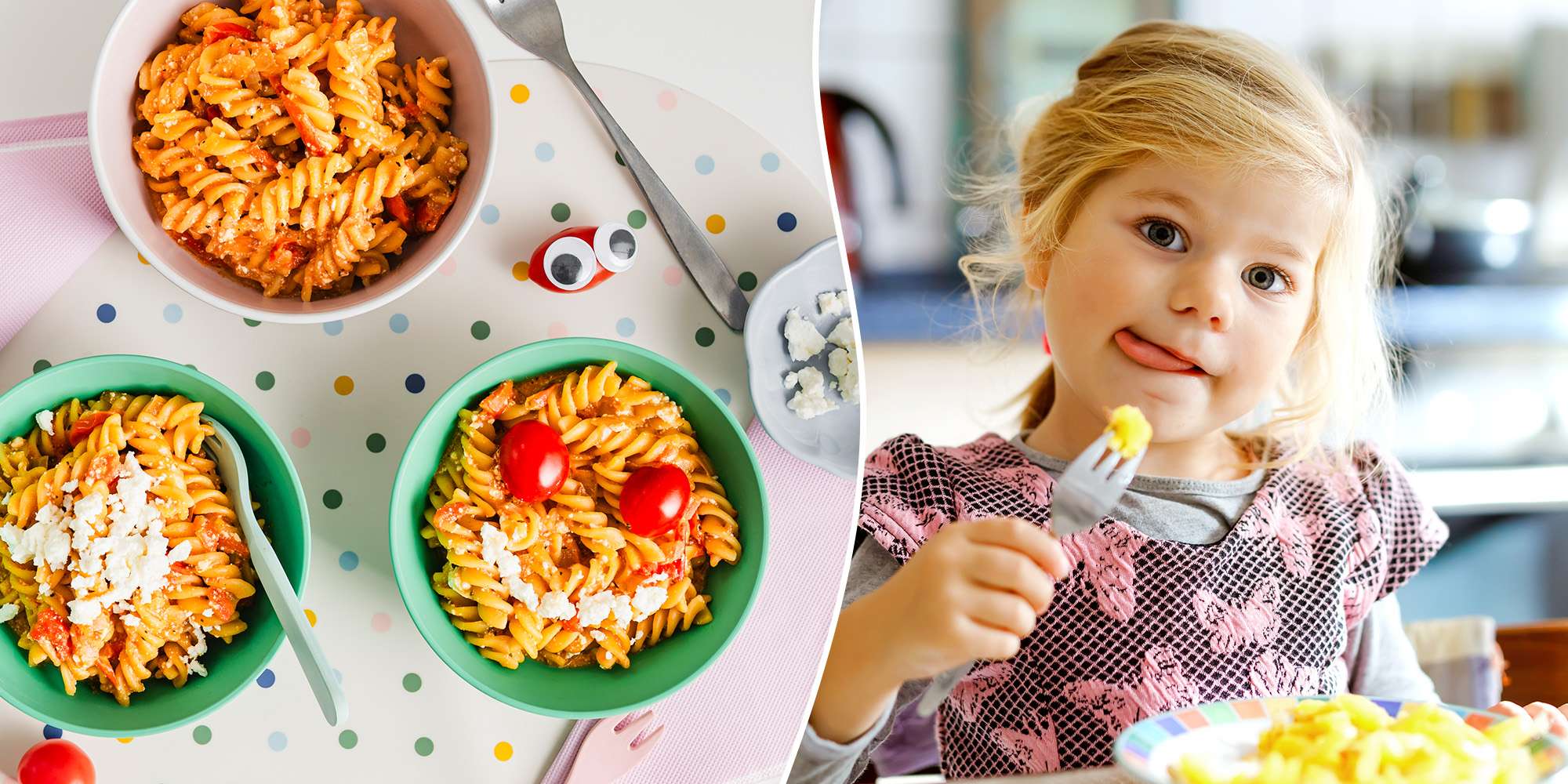 One Pot Pasta Ideen für die ganze Familie. Links sind 3 Schüsseln mit Feta Tomaten Pasta angerichtet. Rechts ist ein Mädchen beim Nudeln essen.