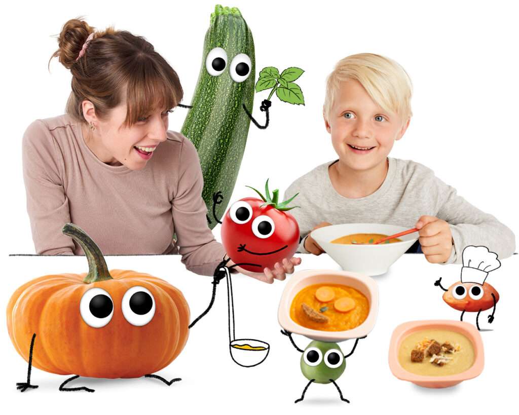 Eintöpfe & Suppen für Kinder. Ein Junge sitzt vor einer Suppe, seine Mutter hält eine Tomate in der Hand und die Frechen Freunde wuseln im Bild herum.