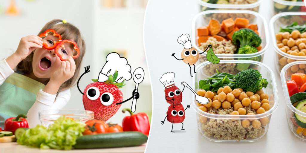 Meal Prep Gerichte mit frischem Gemüse in Behälter gefüllt auf der rechten Seite. Auf der linken Seite ein Mädchen was gerade frisches Gemüse schneitet und sich 2 Paprikaringe als Brille vor die Augen hält.