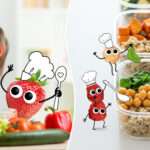 Meal Prep Gerichte mit frischem Gemüse in Behälter gefüllt auf der rechten Seite. Auf der linken Seite ein Mädchen was gerade frisches Gemüse schneitet und sich 2 Paprikaringe als Brille vor die Augen hält.