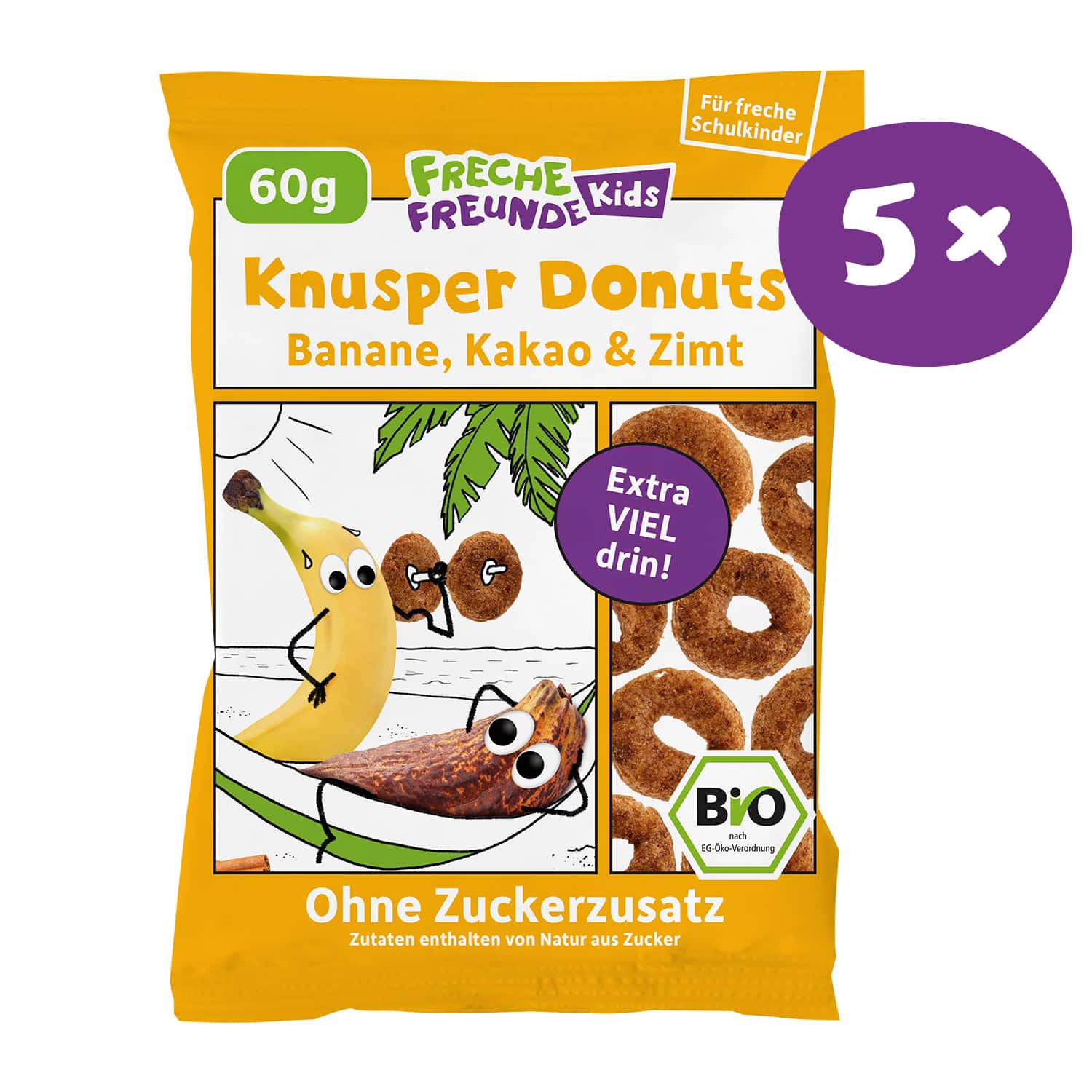 Freche Freunde Knusper Donuts Banane, Kakao & Zimt für freche Schulkids. 5x Vorratspackung