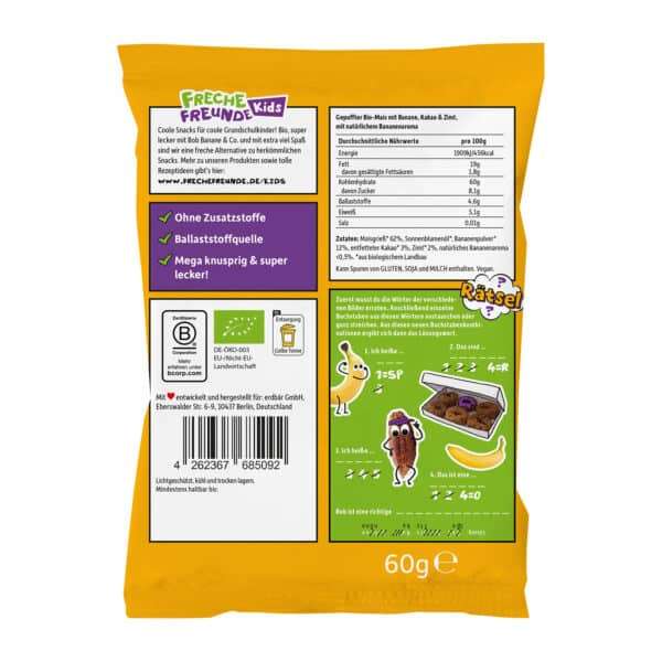 Freche Freunde Knusperdonuts Banane, Kakao, Zimt für freche Schulkids. Rückseite mit Produktinfos
