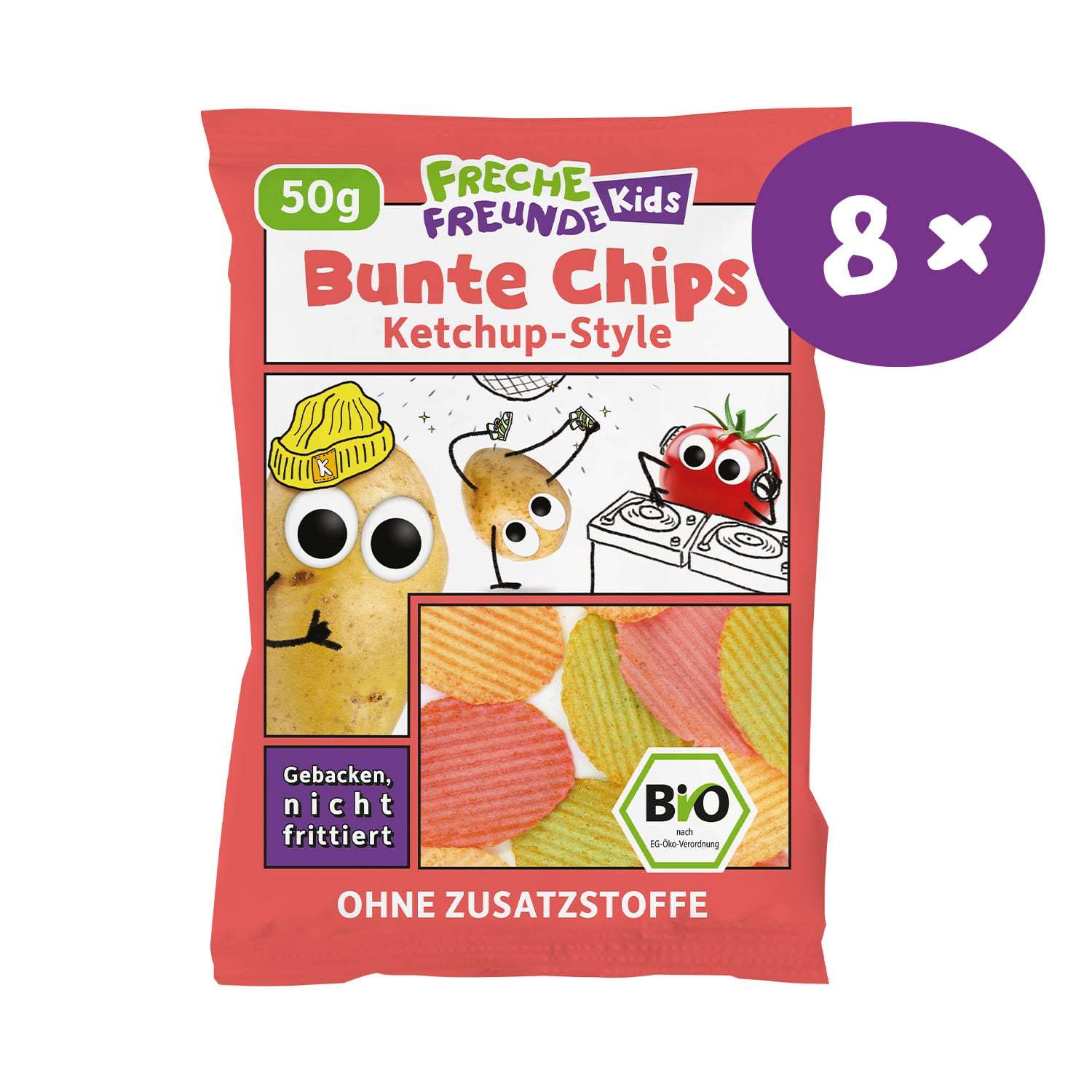 Freche Freunde Kids Bunte Chips Ketchup Style 8er-Vorratspack mit acht Bio-Knusperchips-Packungen für Kinder.