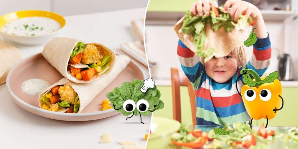 Wrap Rezepte: links ist ein Wrap auf einem Teller serviert und rechts hebt ein Kind eine Tortilla ein die Luft