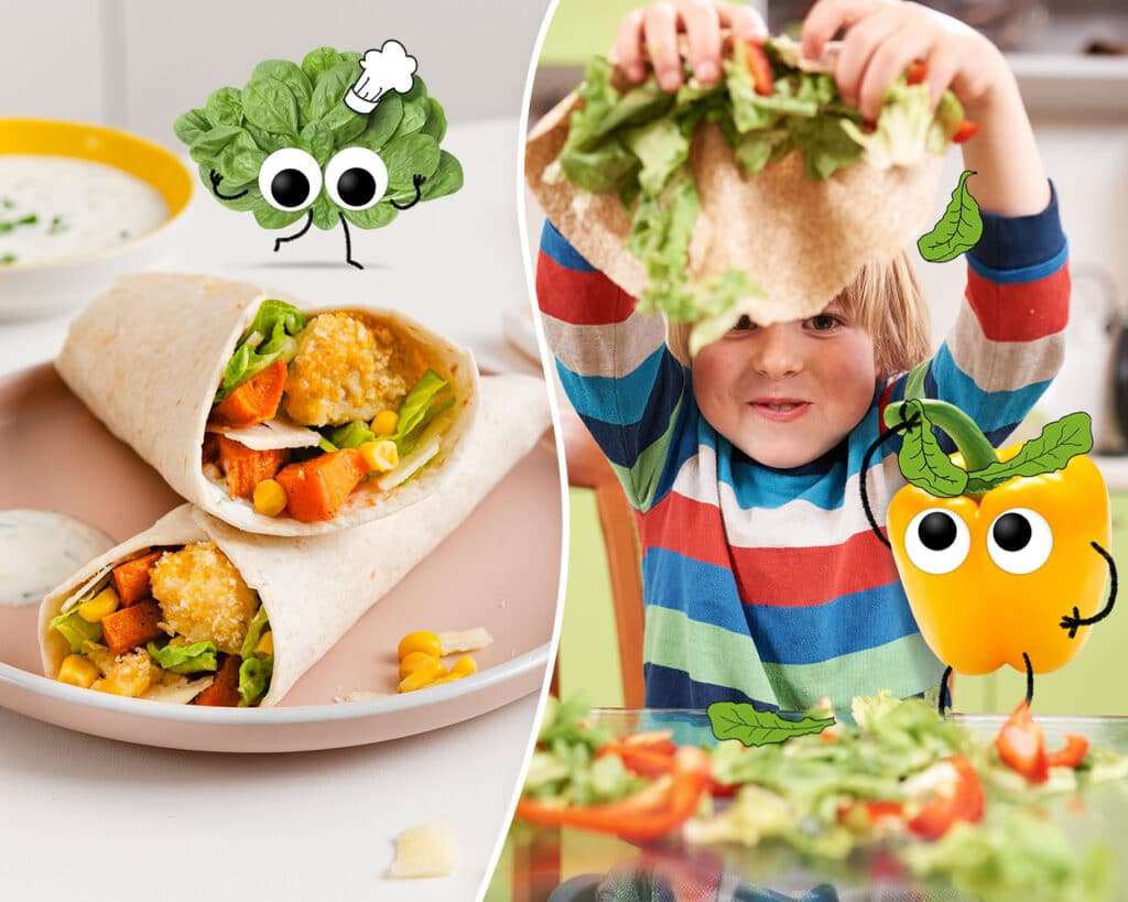 Wrap Rezepte: links ist ein Wrap auf einem Teller serviert und rechts hebt ein Kind eine Tortilla ein die Luft