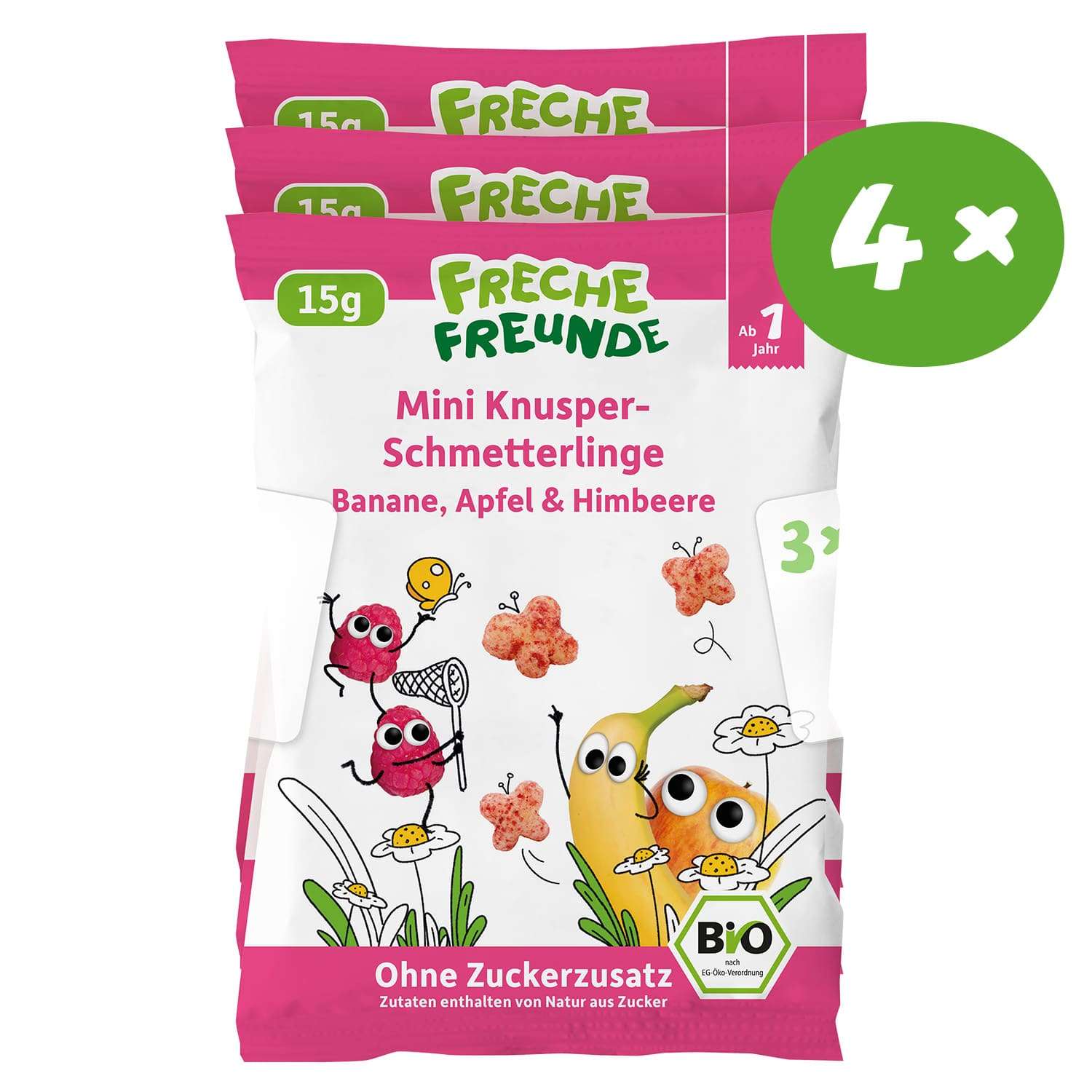 Freche Freunde Mini Knusper-Schmetterlinge Banane, Apfel & Himbeere. 4er-Vorratspackung, Vorderansicht der Verpackung
