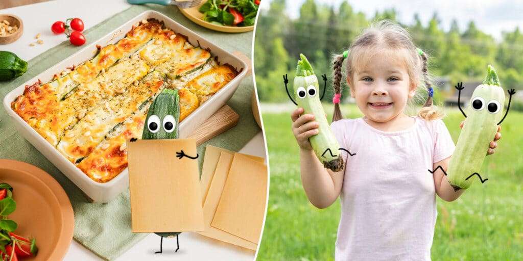Zucchini Rezepte: Links eine Zucchini Lasagne in einer Auflaufform, Zora Zucchini hält Lasagneplatten in ihren Händen. Rechts ein Mädchen mit Zucchinis in ihren Händen. Die Zucchinis haben lustige Augen.