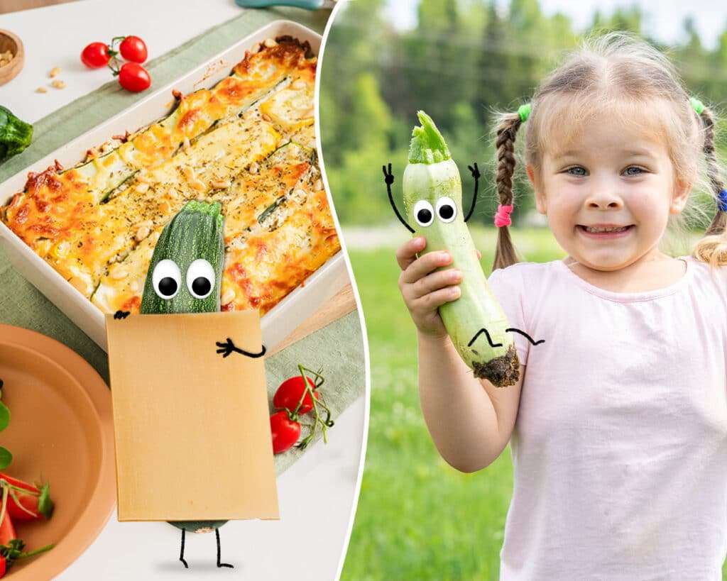 Zucchini Rezepte: Links eine Zucchini Lasagne in einer Auflaufform, Zora Zucchini hält Lasagneplatten in ihren Händen. Rechts ein Mädchen mit Zucchinis in ihren Händen. Die Zucchinis haben lustige Augen.