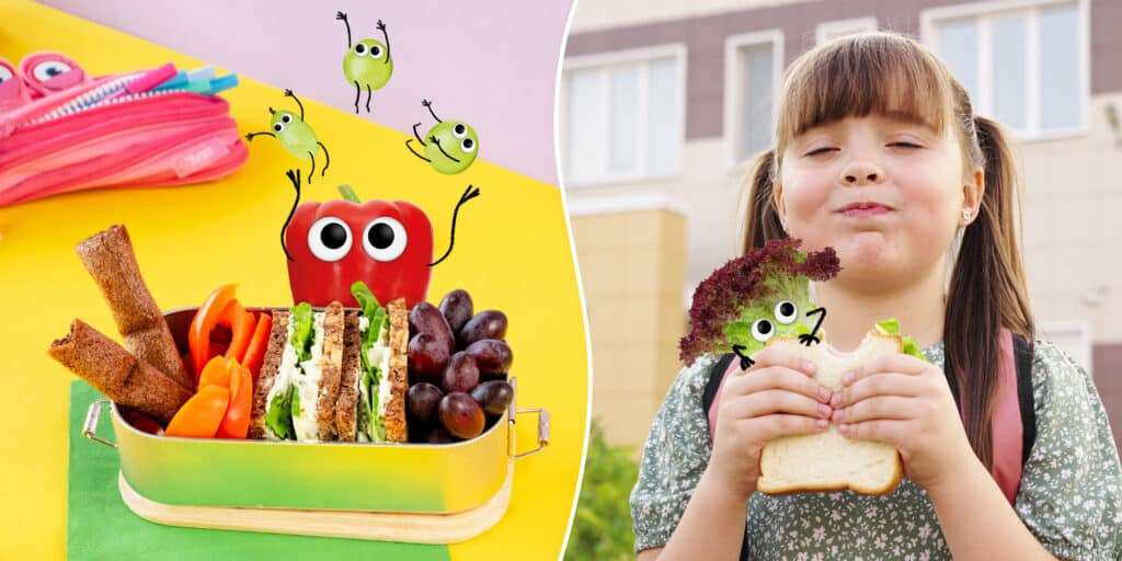 Sandwich in einer Brotdose mit Gemüse und Obst. Daneben ein Bild von einem Mädchen was gerade von einem Sandwich abbeißt. Ein Salatblatt mit Kulleraugen schaut aus diesem Sandwich heraus.