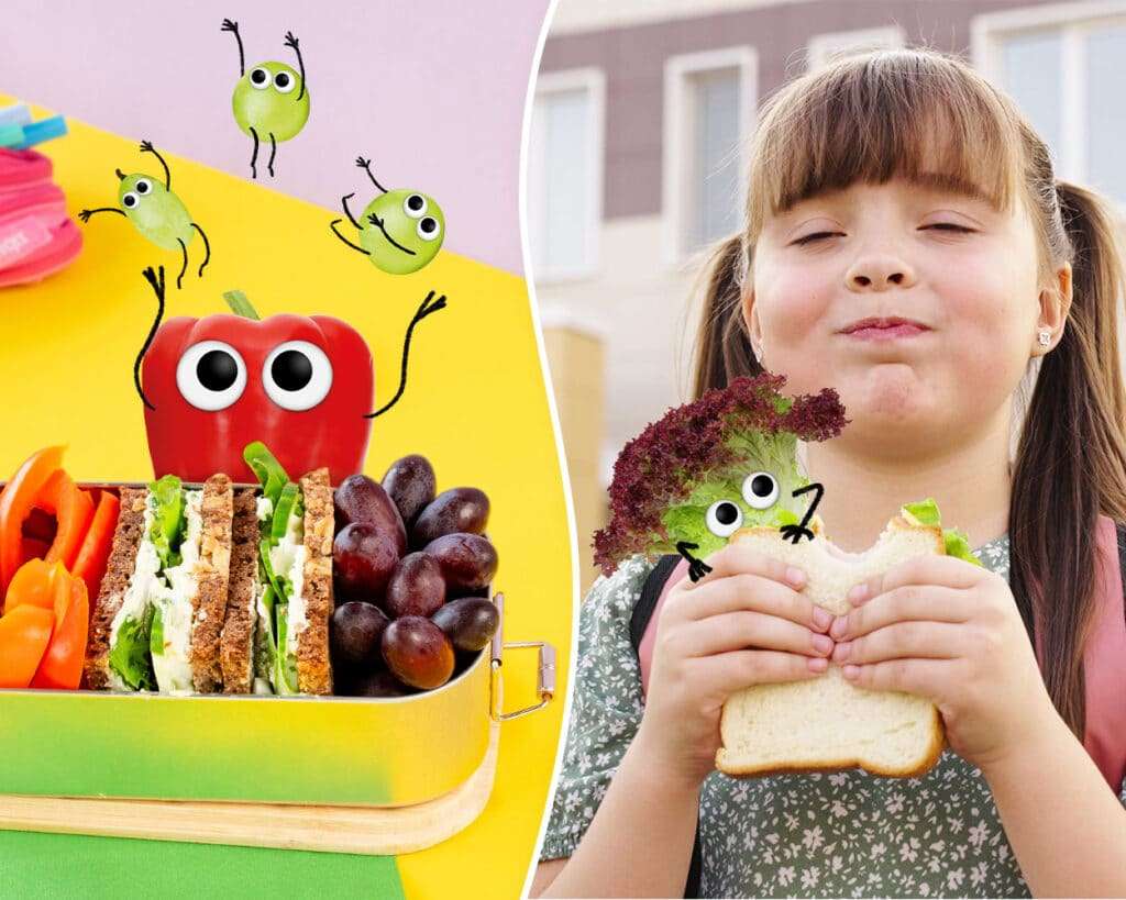 Sandwich in einer Brotdose mit Gemüse und Obst. Daneben ein Bild von einem Mädchen was gerade von einem Sandwich abbeißt. Ein Salatblatt mit Kulleraugen schaut aus diesem Sandwich heraus.
