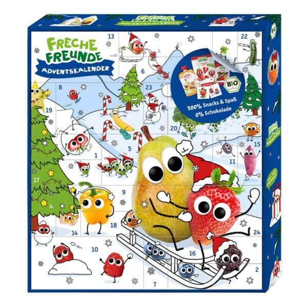 Bio Adventskalender 2026 für Kinder von Freche Freunde Frontansicht mit Winterlandschaft