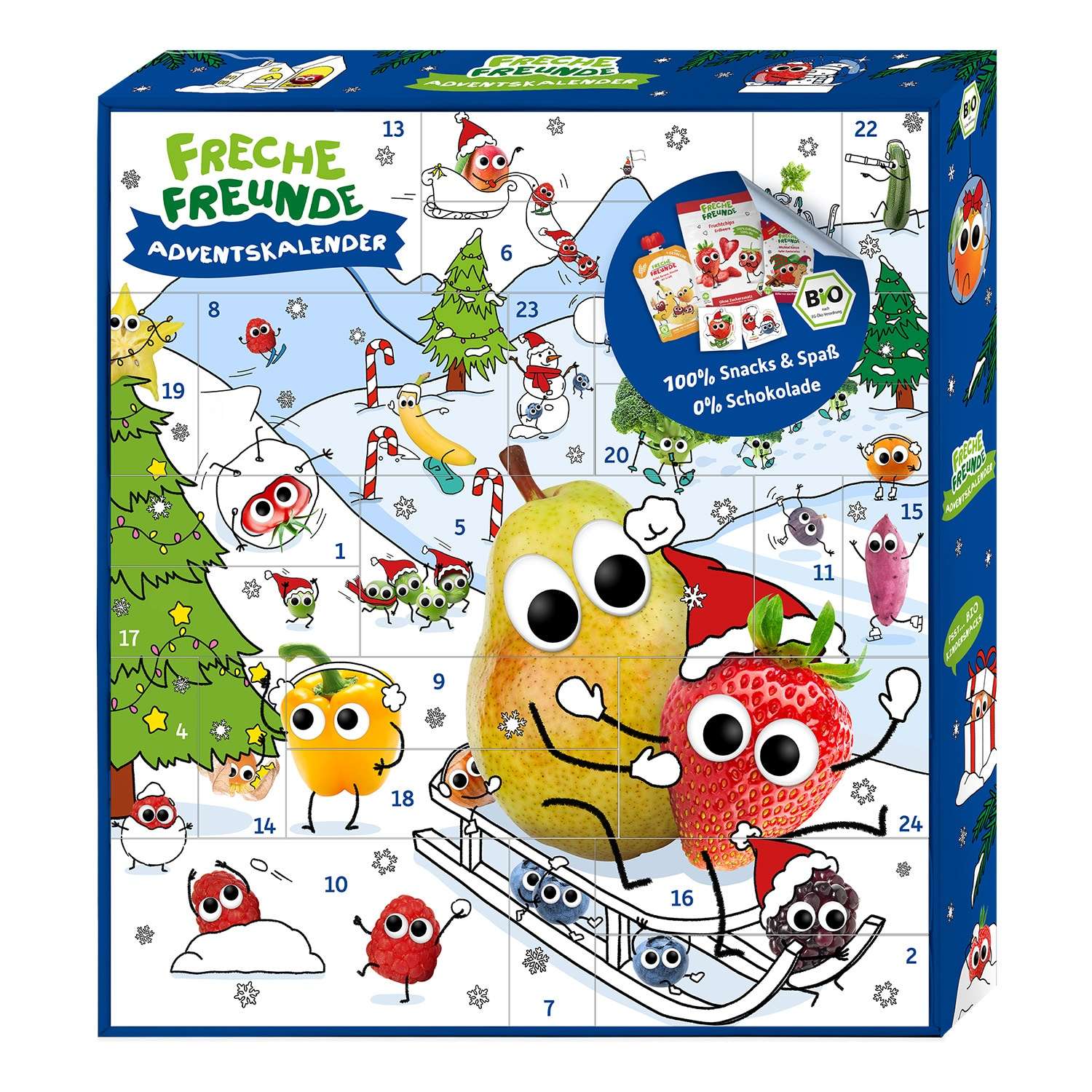 Bio Adventskalender 2026 für Kinder von Freche Freunde Frontansicht mit Winterlandschaft