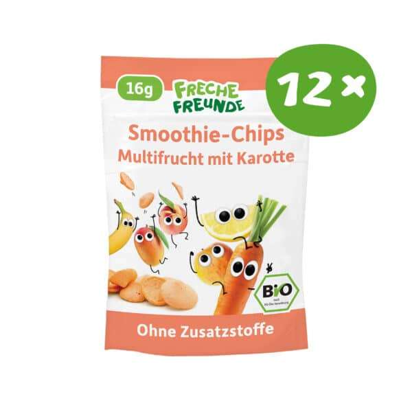 Freche Freunde Smoothie Chips Multifrucht mit Karotte – Vorderseite der Verpackung 12er Pack