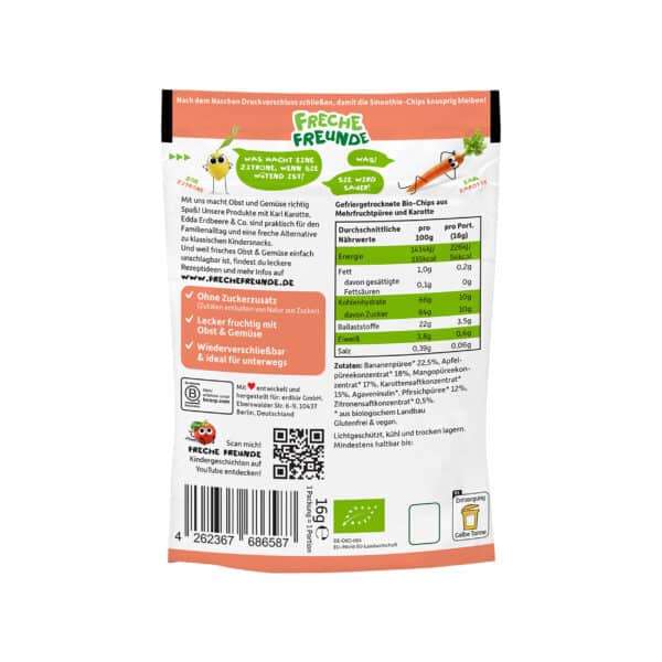 Freche Freunde Smoothie Chips Multifrucht mit Karotte – Rückseite der Verpackung mit Produktinfos