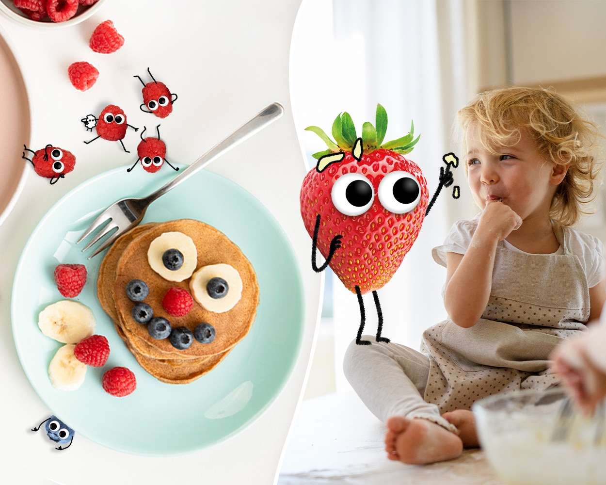 Pancakes für Kinder auf Teller serviert und mit Obst dekoriert. Bananenscheiben sind die Augen und Blaubeeren der Mund. Daneben ist ein Mädchen zu sehen mit einer Rührschüssel vor sich.