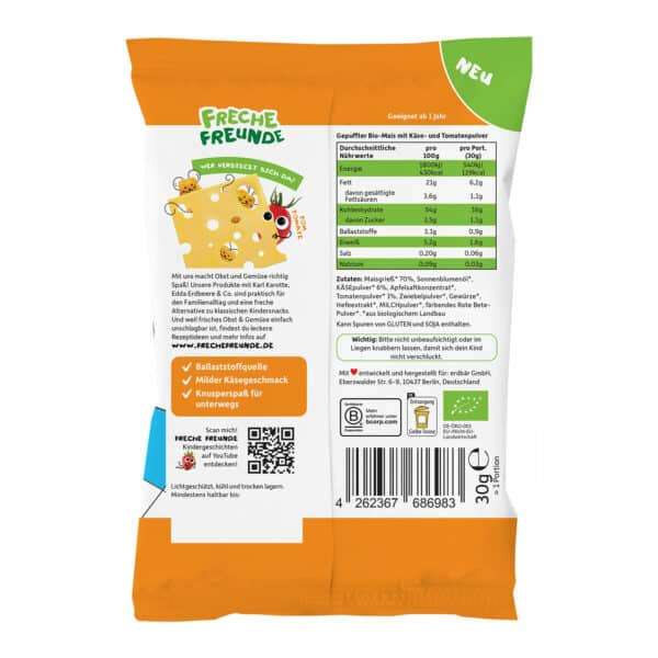 Rückseite der Verpackung von Freche Freunde Mini Knusper Mäuse Käse-Tomate mit Produktinformationen und Bio-Logo.