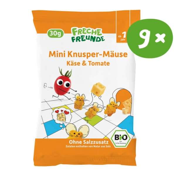 Freche Freunde Mini Knusper Mäuse Käse-Tomate, Vorderseite der Verpackung. Vorratspackung mit 9x Einzelpackungen