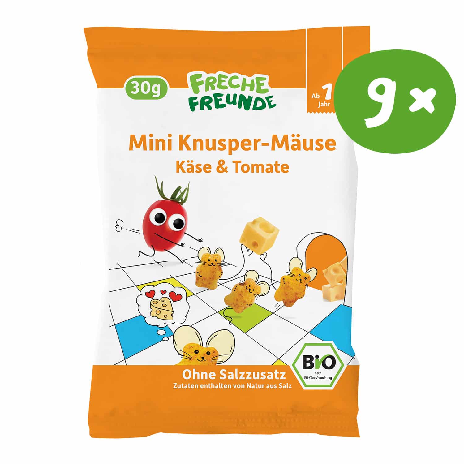 Freche Freunde Mini Knusper Mäuse Käse-Tomate, Vorderseite der Verpackung. Vorratspackung mit 9x Einzelpackungen