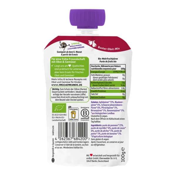 Freche Freunde Quetschie_Regenbogen-Apfel_Blaubeere_Johannisbeere_Pfirsich_Birne_Banane-rueckseite mit Produktinfos