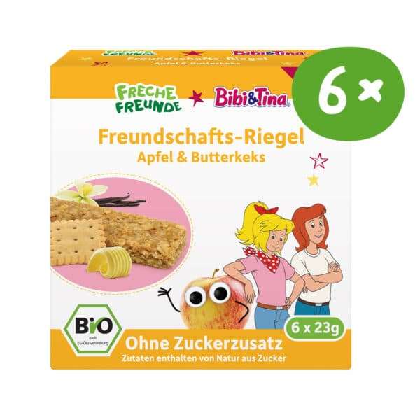 Freche Freunde Bibi & Tina Freundschafts-Riegel Apfel & Butterkeks – Frontansicht der Verpackung im 6er-Pack
