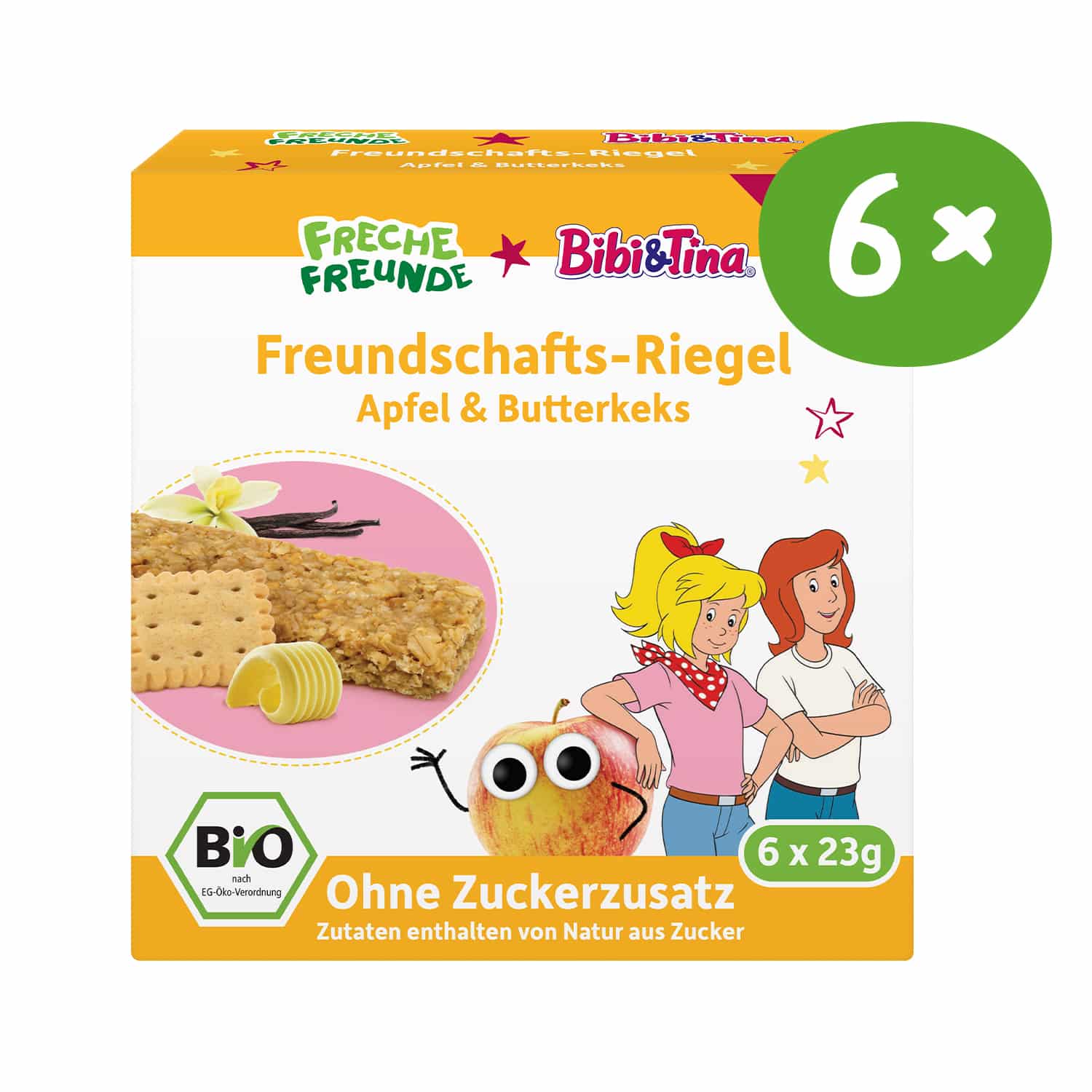 Freche Freunde Bibi & Tina Freundschafts-Riegel Apfel & Butterkeks – Frontansicht der Verpackung im 6er-Pack
