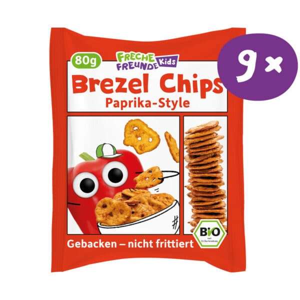 Freche Freunde Kids Brezel Chips Paprika Style 9er-Pack – Frontansicht der Verpackung