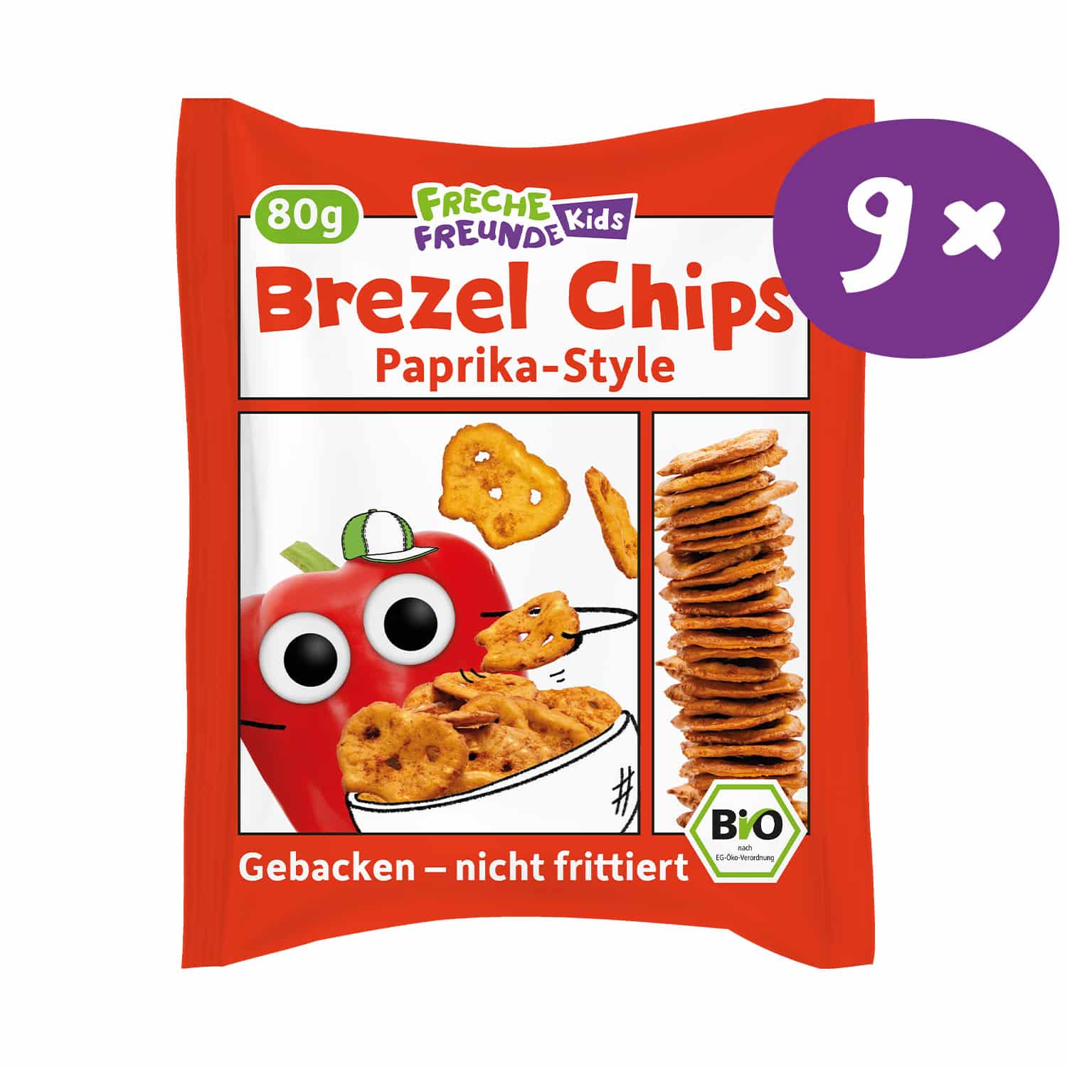 Freche Freunde Kids Brezel Chips Paprika Style 9er-Pack – Frontansicht der Verpackung