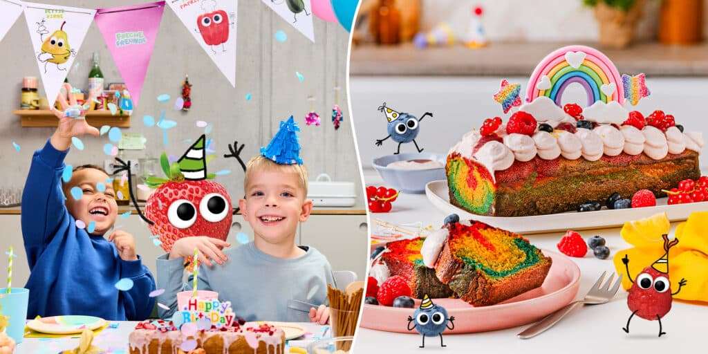 Geburtstagskuchen für Kinder. Zwei Kinder am Geburtstagstisch mit einem Geburtstagskuchen daneben ein Bild vom Regenbogenkuchen.