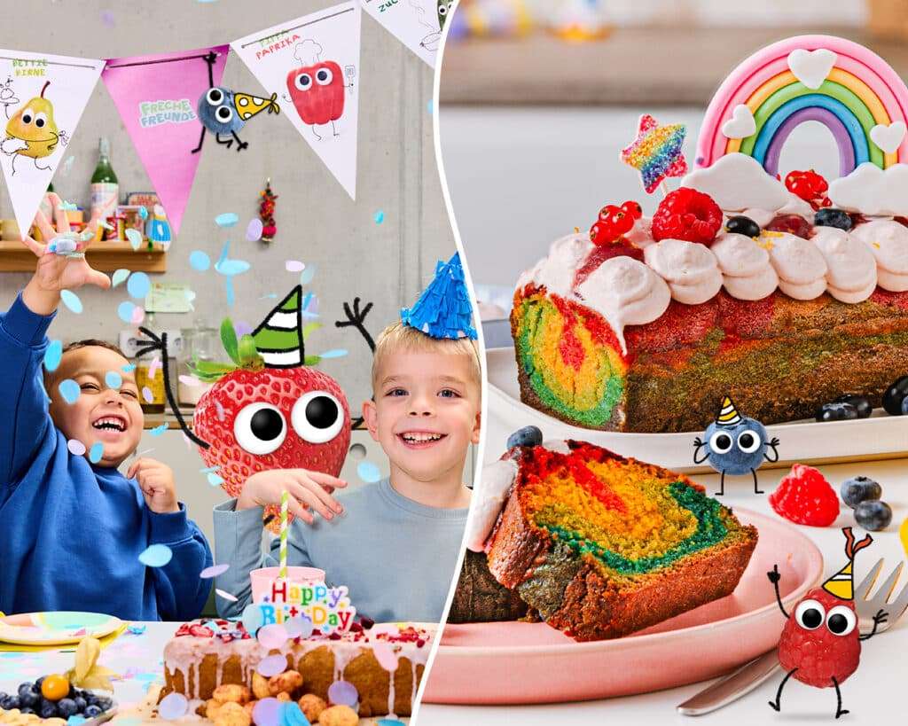 Geburtstagskuchen für Kinder. Zwei Kinder am Geburtstagstisch mit einem Geburtstagskuchen daneben ein Bild vom Regenbogenkuchen.