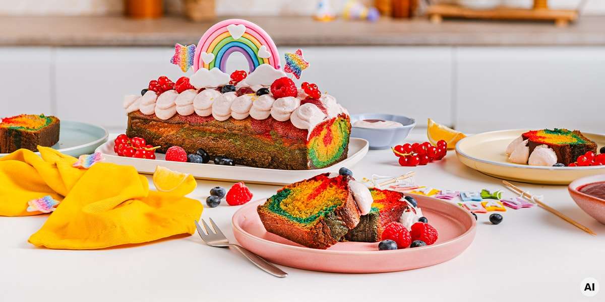 Regenbogenkuchen auf einem Tisch serviert. Davor steht ein Teller mit einer Scheibe vom Regenbogenkuchen mit Himbeeren, Blaubeeren und Johannisbeeren dekoriert.